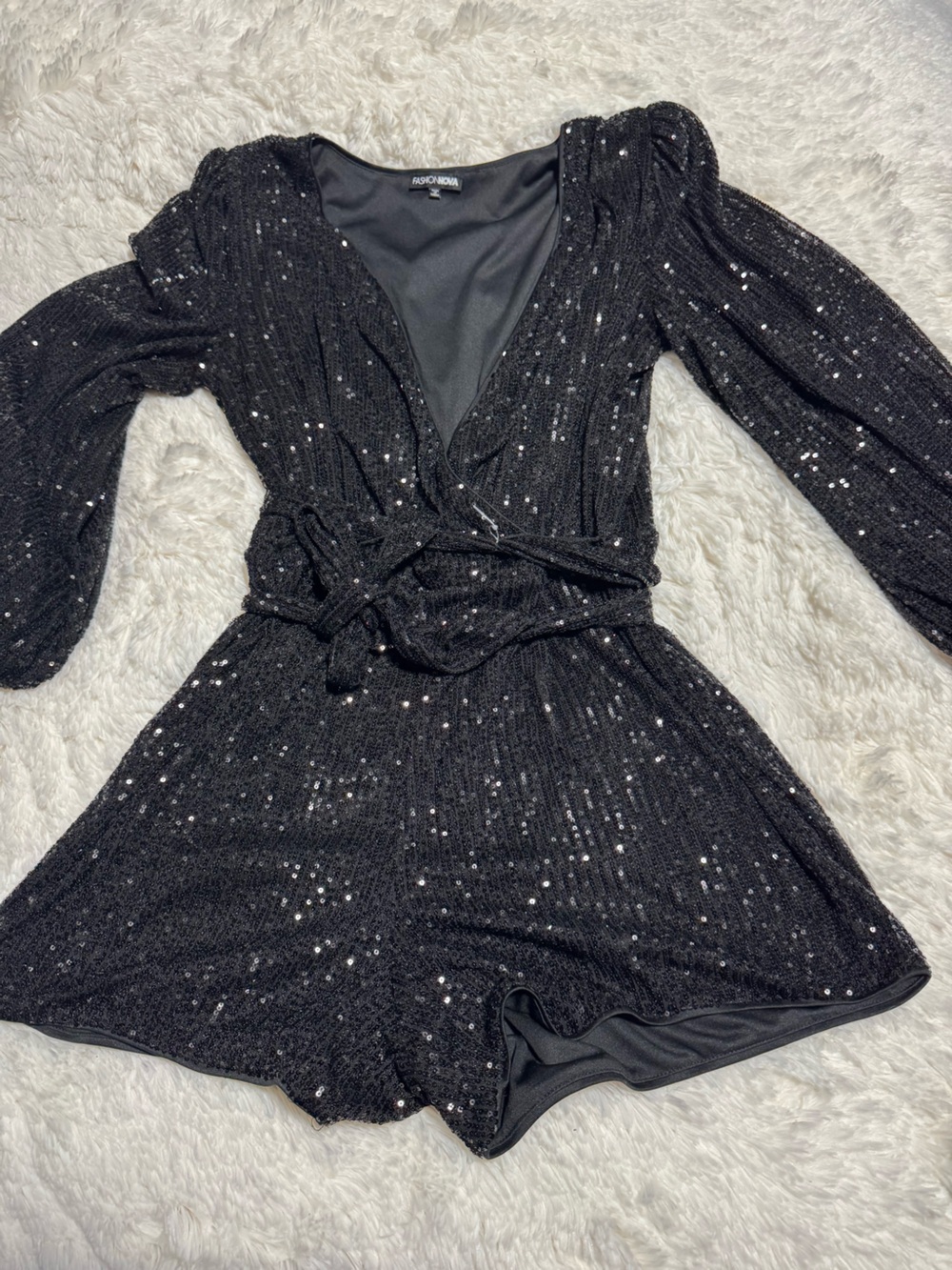 Fashion Nova Black Sequin Wrap Bodysuit